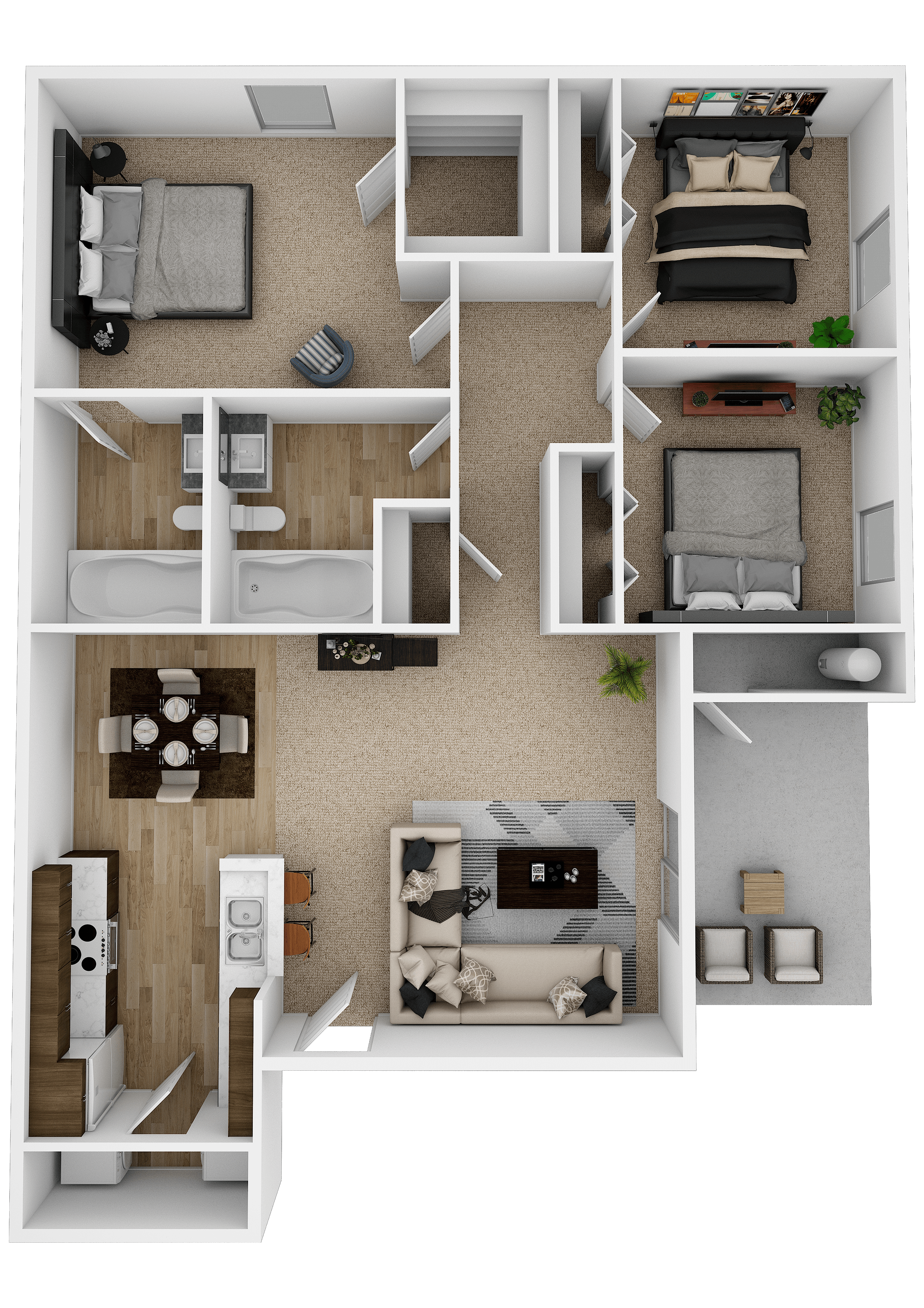 Floor plan for 3 beds, 2 baths, 1115 sqft